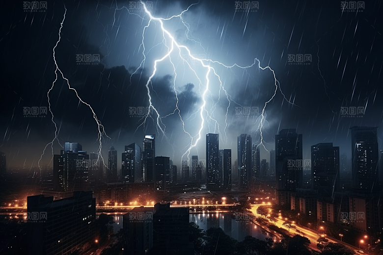 暴雨闪电城市自然现象摄影图