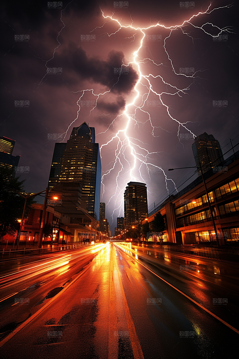 暴雨闪电自然现象城市摄影图