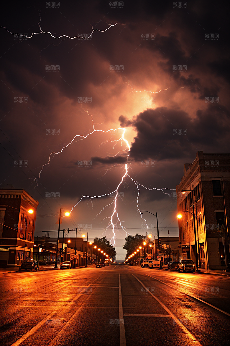 暴雨闪电城市自然灾害摄影图