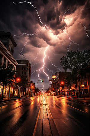 暴雨闪电恶劣天气城市摄影图