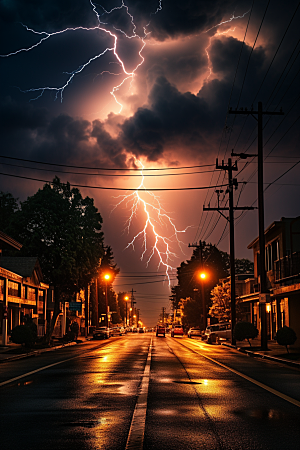 暴雨闪电城市恶劣天气摄影图