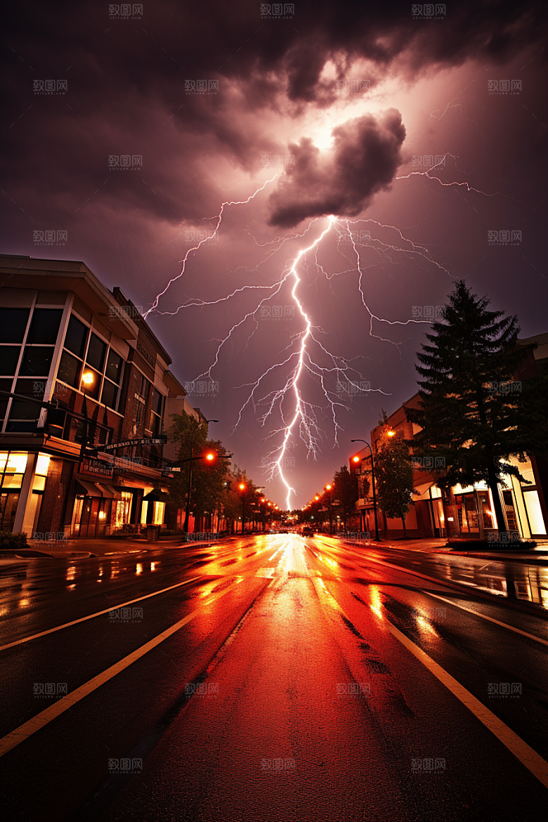 暴雨闪电城市自然灾害摄影图