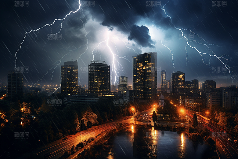 暴雨闪电高清城市摄影图