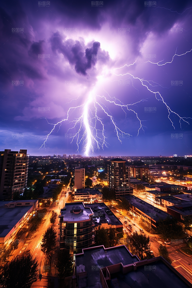 暴雨闪电极端天气城市摄影图