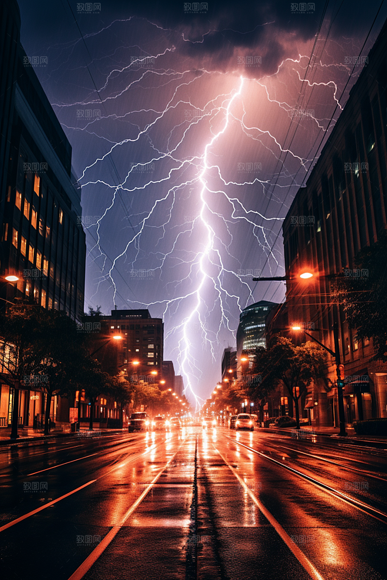 暴雨闪电城市电闪雷鸣摄影图