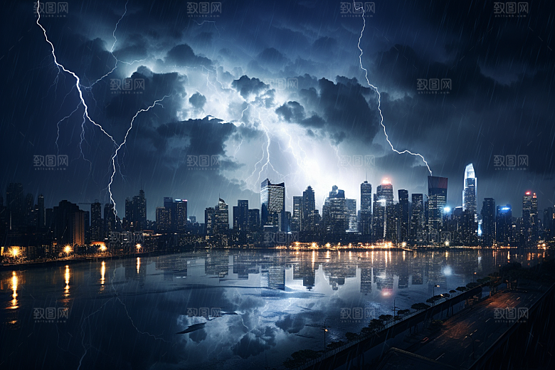 暴雨闪电恶劣天气气象摄影图