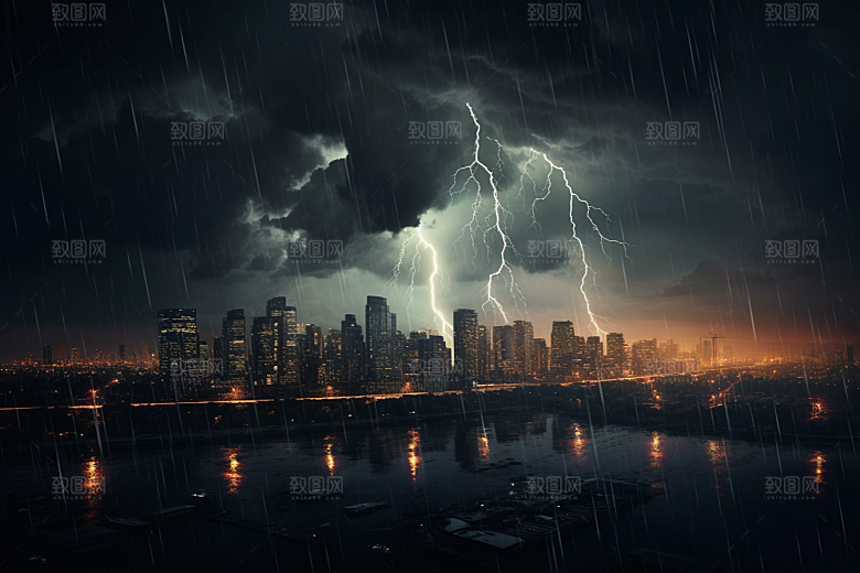 暴雨闪电自然现象城市摄影图