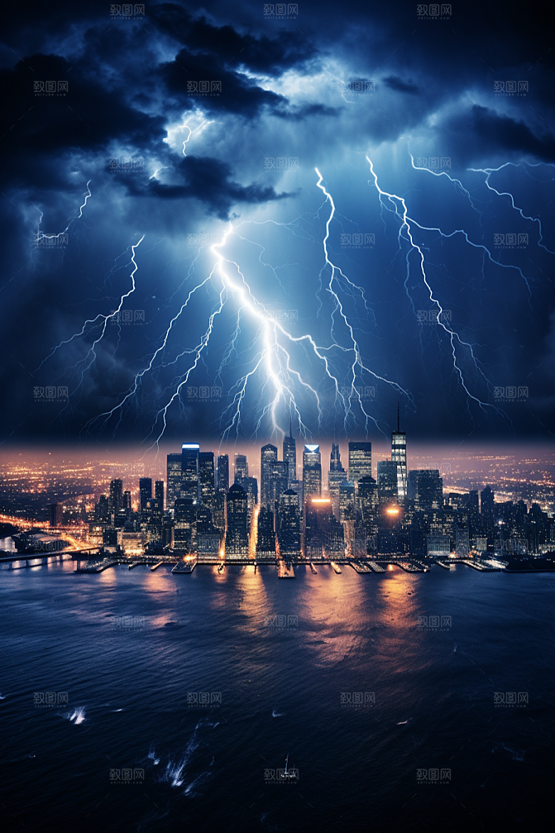 暴雨闪电城市高清摄影图
