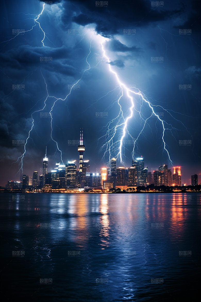 暴雨闪电城市电闪雷鸣摄影图