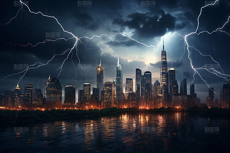 暴雨闪电雷暴城市摄影图