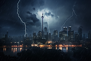 暴雨闪电自然灾害城市摄影图