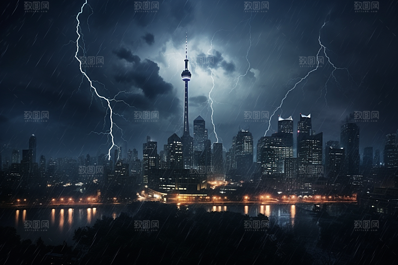 暴雨闪电自然灾害城市摄影图