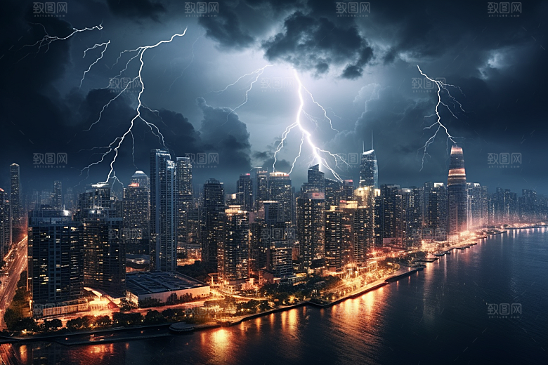 暴雨闪电自然现象极端天气摄影图