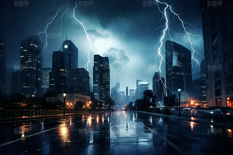 暴雨闪电自然现象城市摄影图