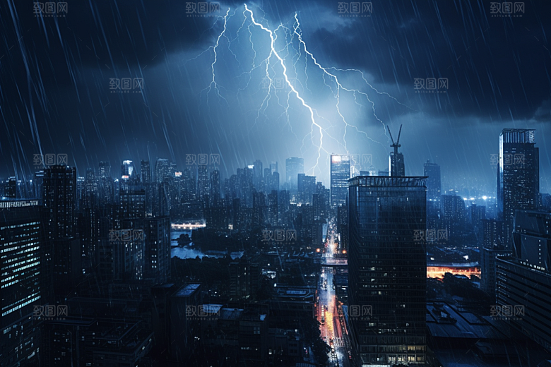 暴雨闪电城市电闪雷鸣摄影图