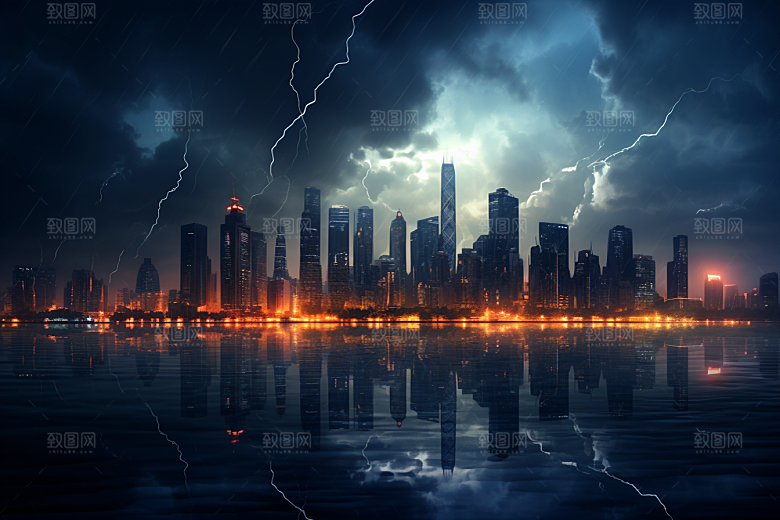暴雨闪电气象城市摄影图
