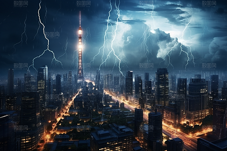 暴雨闪电高清极端天气摄影图