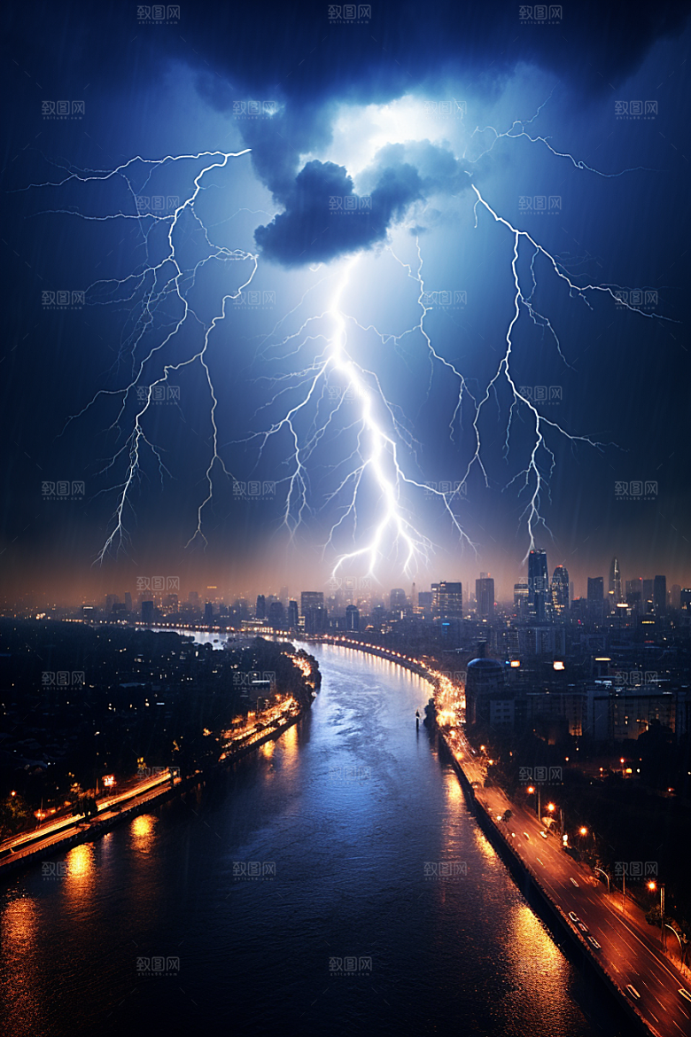 暴雨闪电自然现象城市摄影图