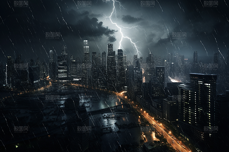 暴雨闪电城市电闪雷鸣摄影图