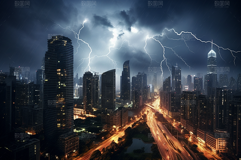 暴雨闪电极端天气电闪雷鸣摄影图