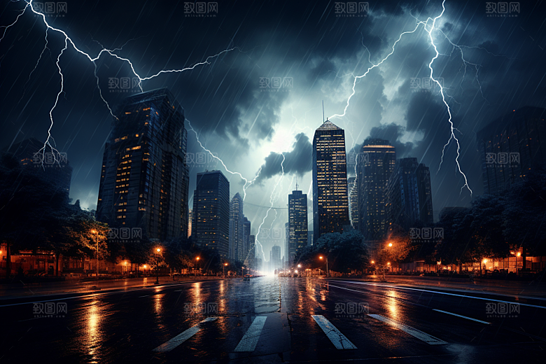 暴雨闪电恶劣天气城市摄影图