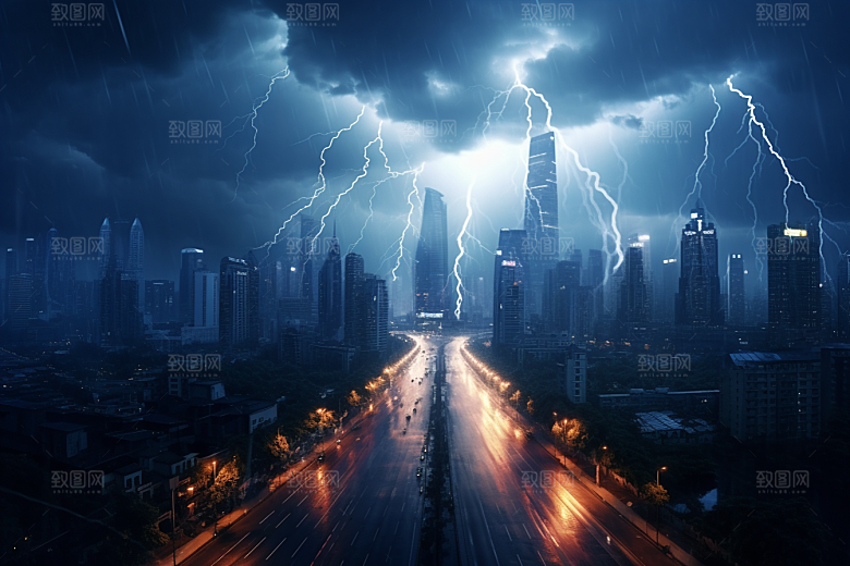 暴雨闪电自然灾害极端天气摄影图