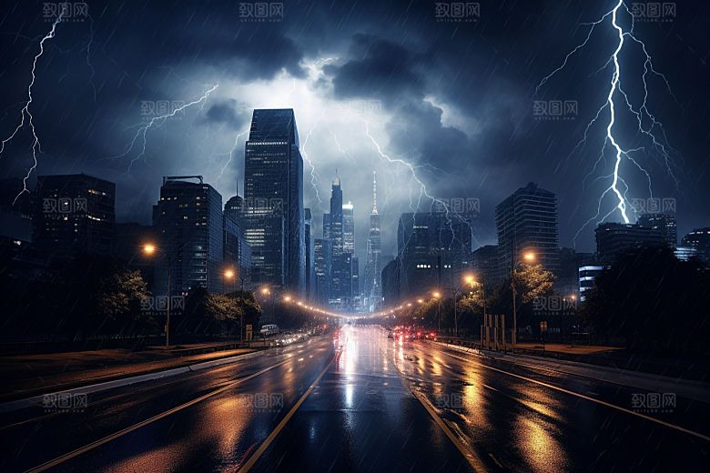 暴雨闪电极端天气自然灾害摄影图
