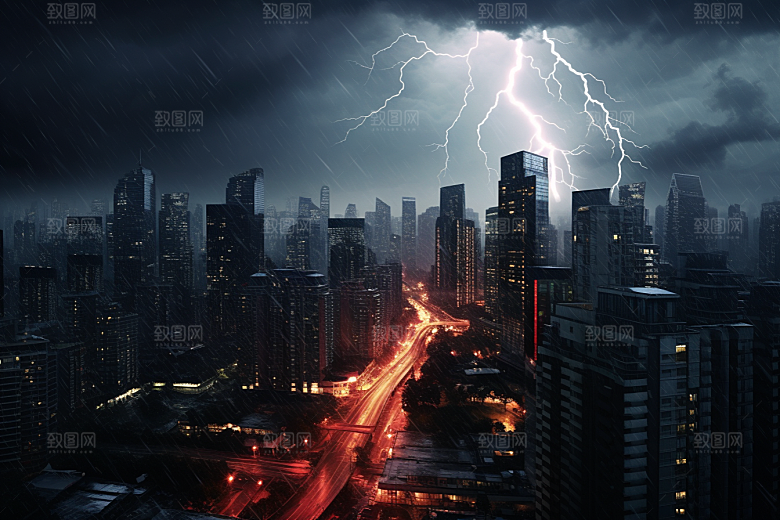 暴雨闪电极端天气自然灾害摄影图