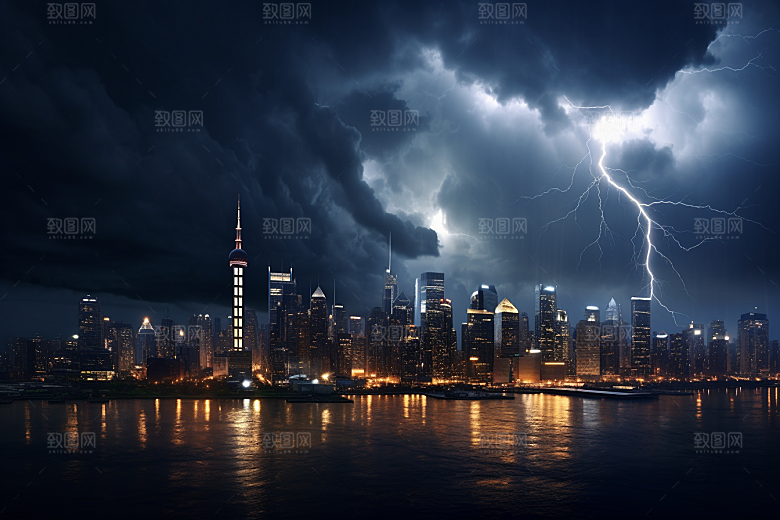 暴雨闪电城市恶劣天气摄影图