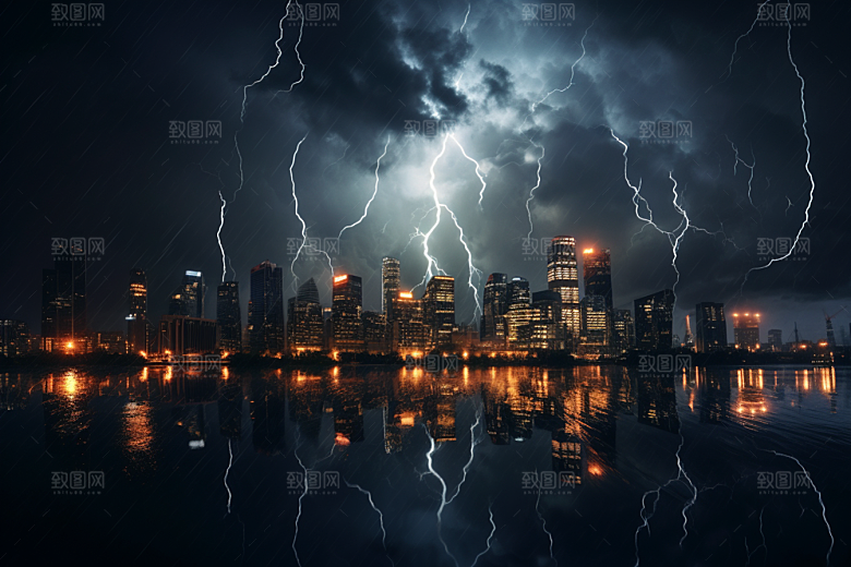 暴雨闪电雷暴城市摄影图
