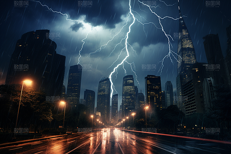 暴雨闪电城市恶劣天气摄影图