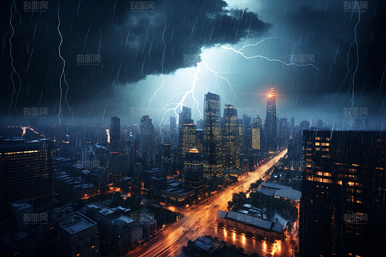 暴雨闪电电闪雷鸣极端天气摄影图