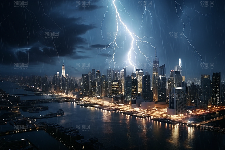 暴雨闪电电闪雷鸣城市摄影图