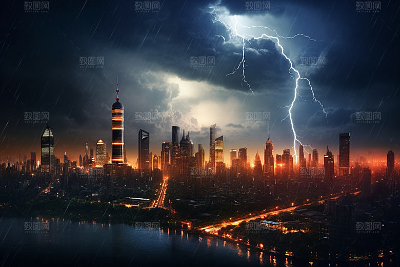 暴雨闪电城市雷暴摄影图