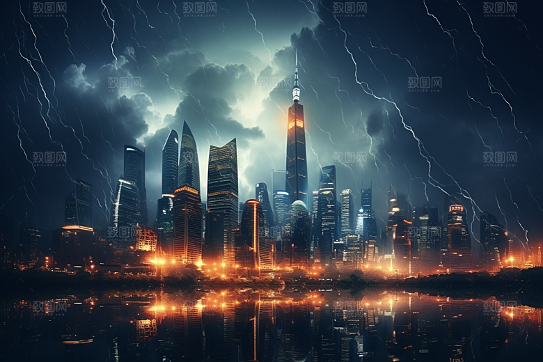 暴雨闪电恶劣天气城市摄影图