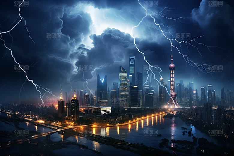 暴雨闪电电闪雷鸣气象摄影图