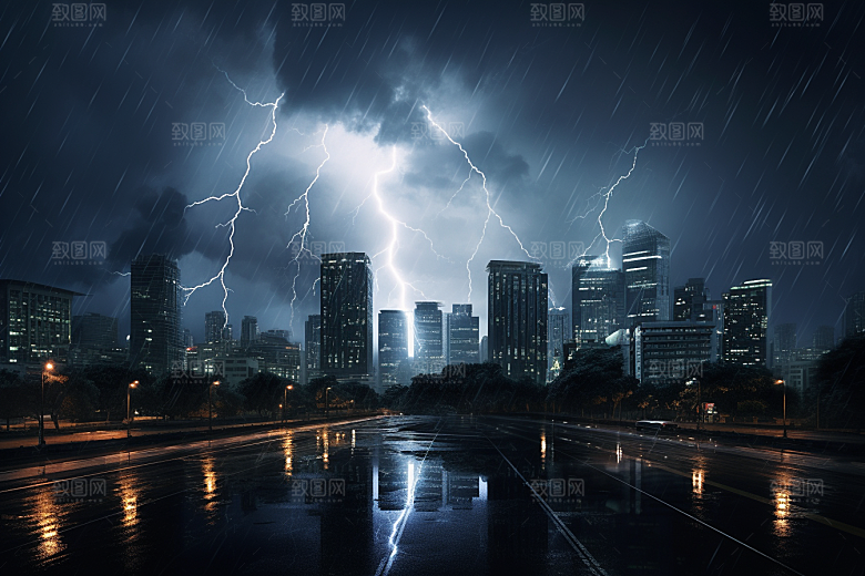 暴雨闪电气象城市摄影图