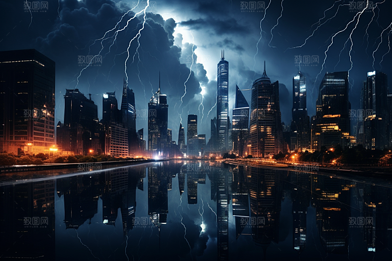 暴雨闪电电闪雷鸣城市摄影图