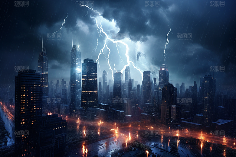 暴雨闪电城市自然现象摄影图