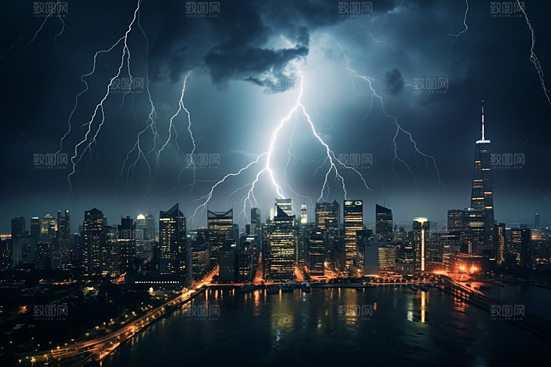 暴雨闪电极端天气城市摄影图