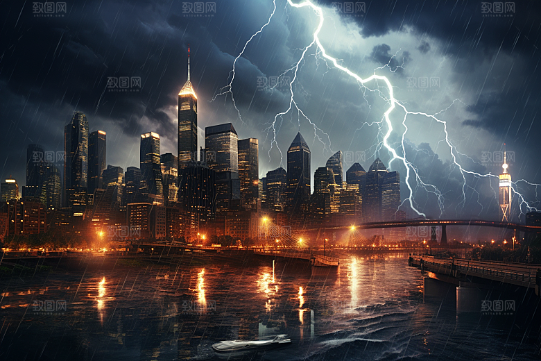 暴雨闪电城市高清摄影图