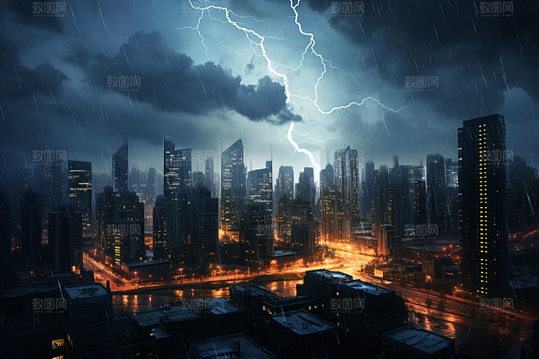 暴雨闪电自然灾害极端天气摄影图