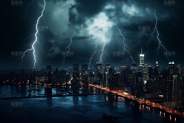 暴雨闪电城市电闪雷鸣摄影图
