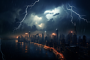 暴雨闪电恶劣天气城市摄影图