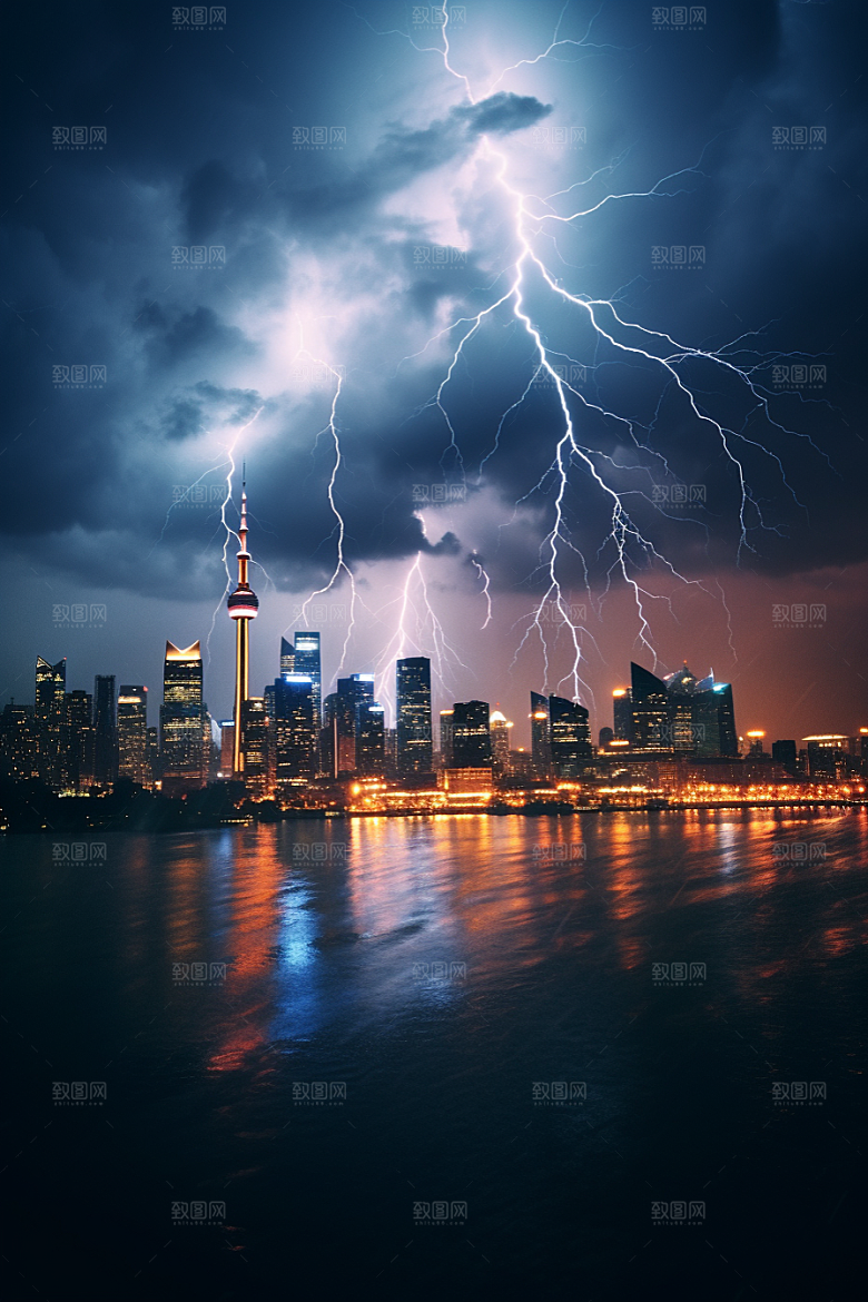 暴雨闪电自然现象极端天气摄影图