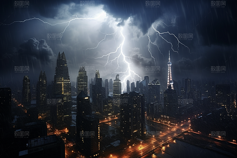 暴雨闪电电闪雷鸣城市摄影图