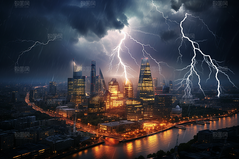 暴雨闪电高清城市摄影图