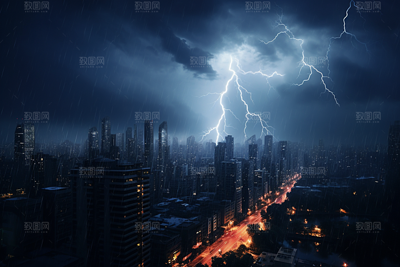暴雨闪电雷暴城市摄影图