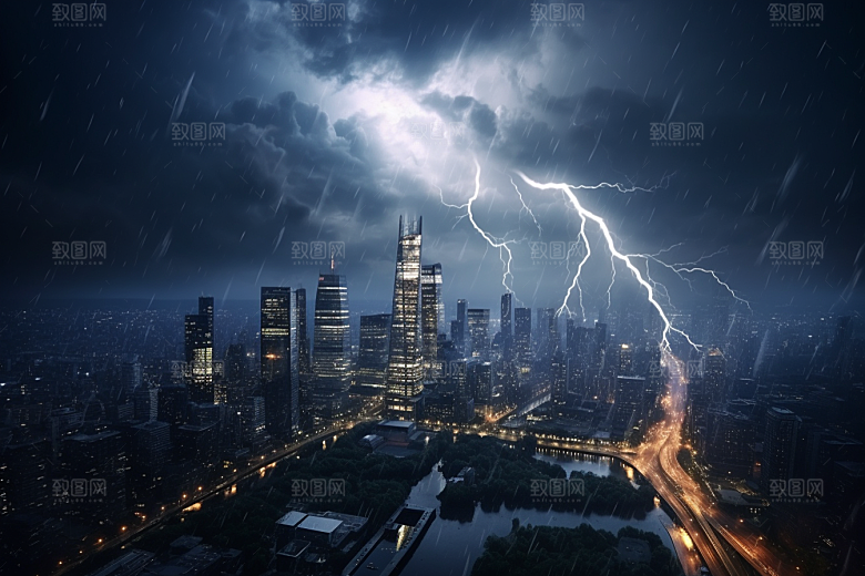 暴雨闪电气象城市摄影图