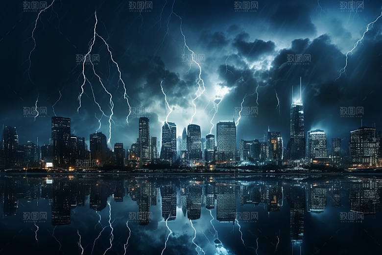 暴雨闪电恶劣天气城市摄影图